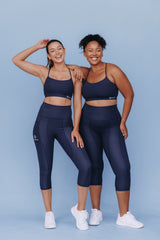 Sweat Resistant Activewear, high waisted statement navy 3/4 length tights, high waisted 3/4 length tights, Idea Athletic Australia