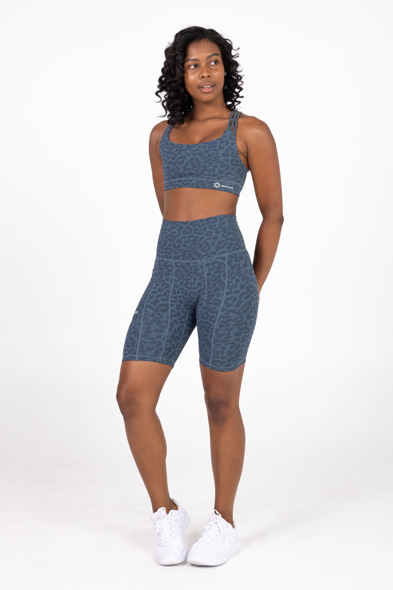 Sweat Resistant Activewear - blue leopard print high waisted sweat resistant bike shorts  -  Idea Athletic  