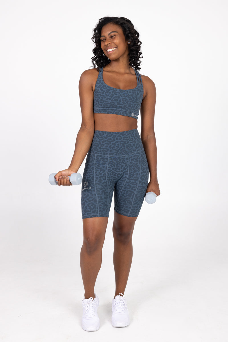 Sweat Resistant Activewear - blue leopard print high waisted sweat resistant bike shorts  -  Idea Athletic 