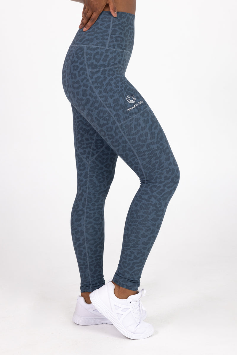 Sweat Resistant Activewear, high waisted blue leopard full length tights, high waisted full length leggings, Idea Athletic Australia